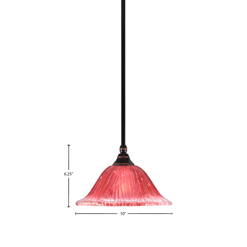 Stem Hung Mini Pendant With 10" Raspberry Crystal Glass, Black Copper