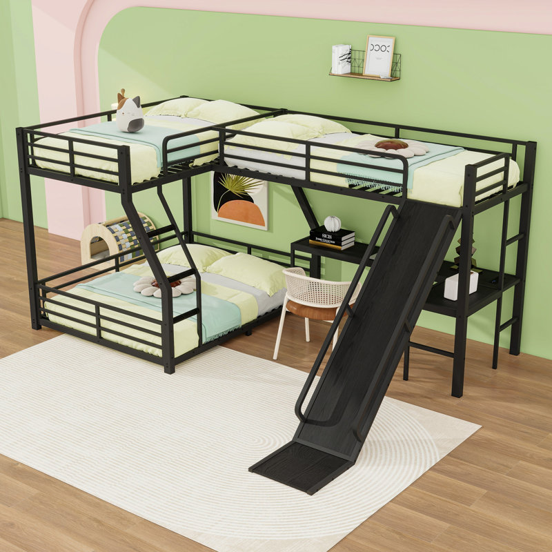 Metal Bunk Bed With L-Shaped Desk, USB Ports And Slide, Twin and Twin over Full