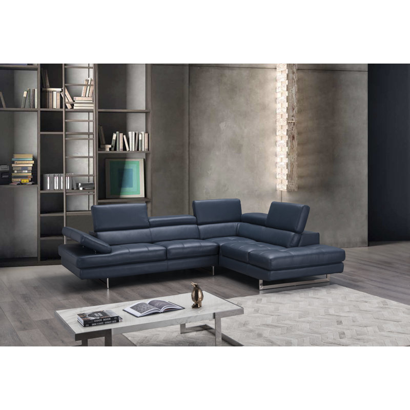 Upholstered Sectional, Right Hand Facing, Blue Genuine Leather