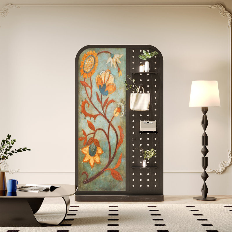 Paravent en bois de noyer multifonctionnel, H 70,87 po x l 43,31 po x P 1,57 po, Noir / Vert / Orange