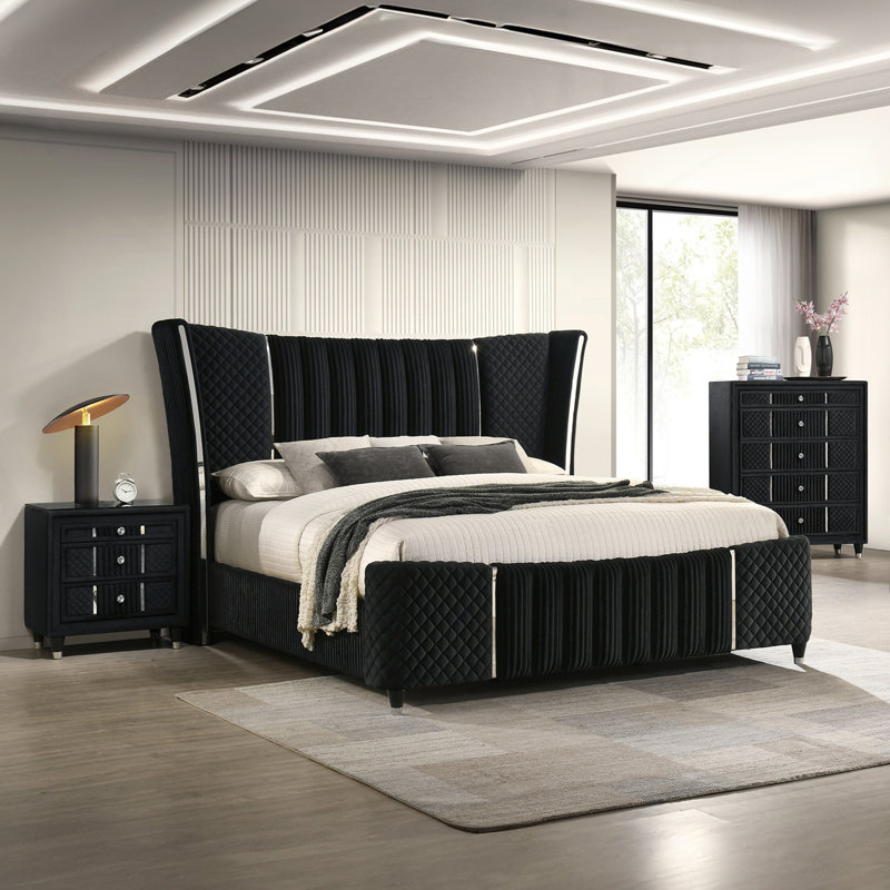 Commode contemporaine 1 pièce en velours noir avec revêtement texturé luxueux