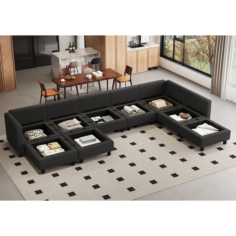 Oversized U-Shaped Sectional Couch, Full Seats Hidden Storage For Family Room, Dark Gray Polyester Blend