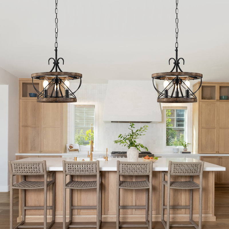 Lustre cage en bois massif 3 lumières avec accents en métal, H 14 po x l 13 po x P 13 po, Bois patiné, Trois lumières