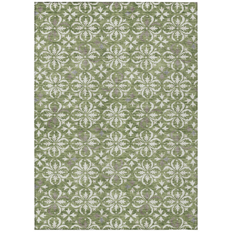 Tapis extérieur lavable floral 5 pi x 8 pi vert et gris ivoire