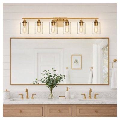 6-Light Brushed Gold Vanity Light Fixture with Clear Glass Shades for Bathroom Wall Mount