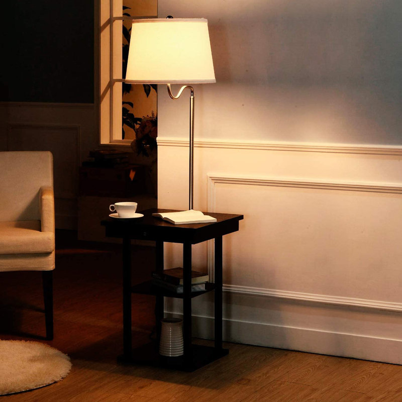 Table de bout moderne noire avec abat-jour blanc, charge USB et tablettes intégrées