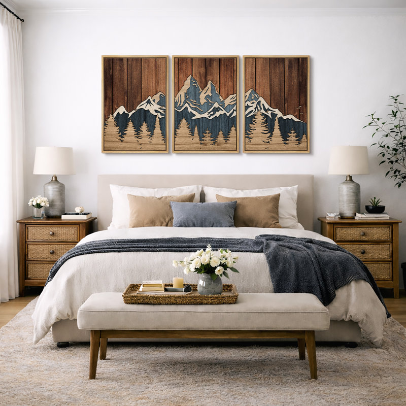 «Western Wood Effect Landscape», œuvre d'art de la forêt de montagne abstraite brune, images murales de cabane de ferme rustique, ensemble de 3 impressions sur toile encadrées