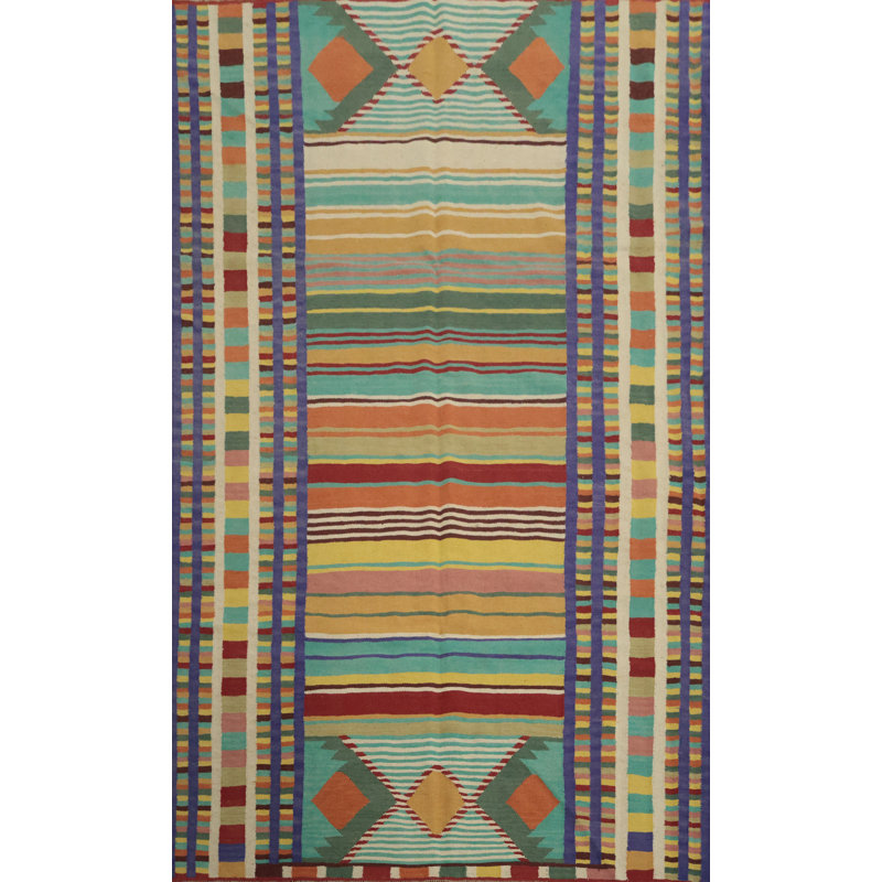 Tapis kilim à rayures vibrantes et motifs géométriques 7 x 10