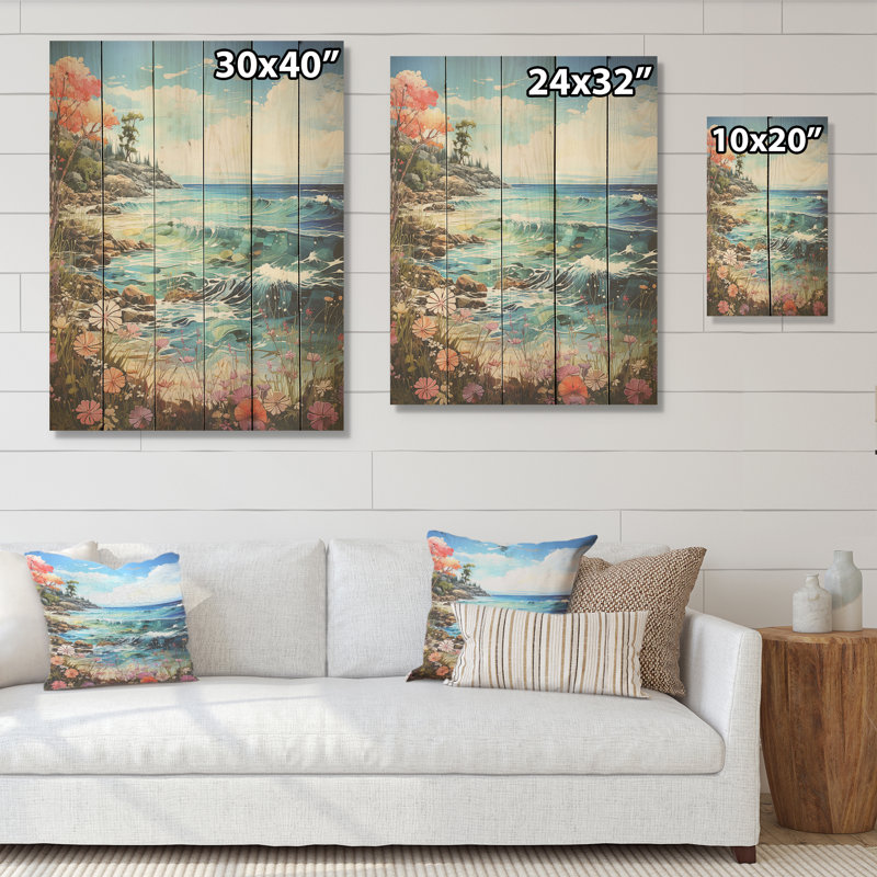 Whimsical Shores - Coastal Beach, art mural sur bois de pin naturel, H 20 po x l 10 po