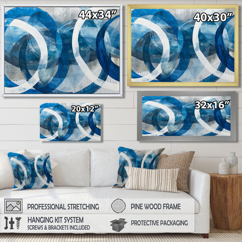 Blanc cercles bleus clairs - art mural géométrique, Toile avec cadre flottant or, H 12 po x l 20 po x P 1 po