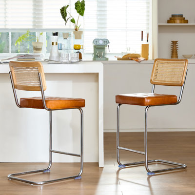 Natural Rattan Bar Stools with Solid Wood Back, 24 Inch Mid Century Modern Counter Height Stools, Brown Faux Leather Upholstery Boho Stool for Kitchen Counter with Chrome Metal Legs