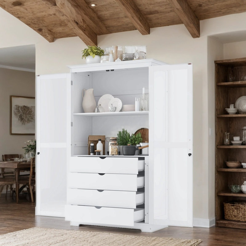 Garde-manger autoportant en bois de pin avec portes en verre et 4 tiroirs pour la cuisine / le salon / le bureau personnel