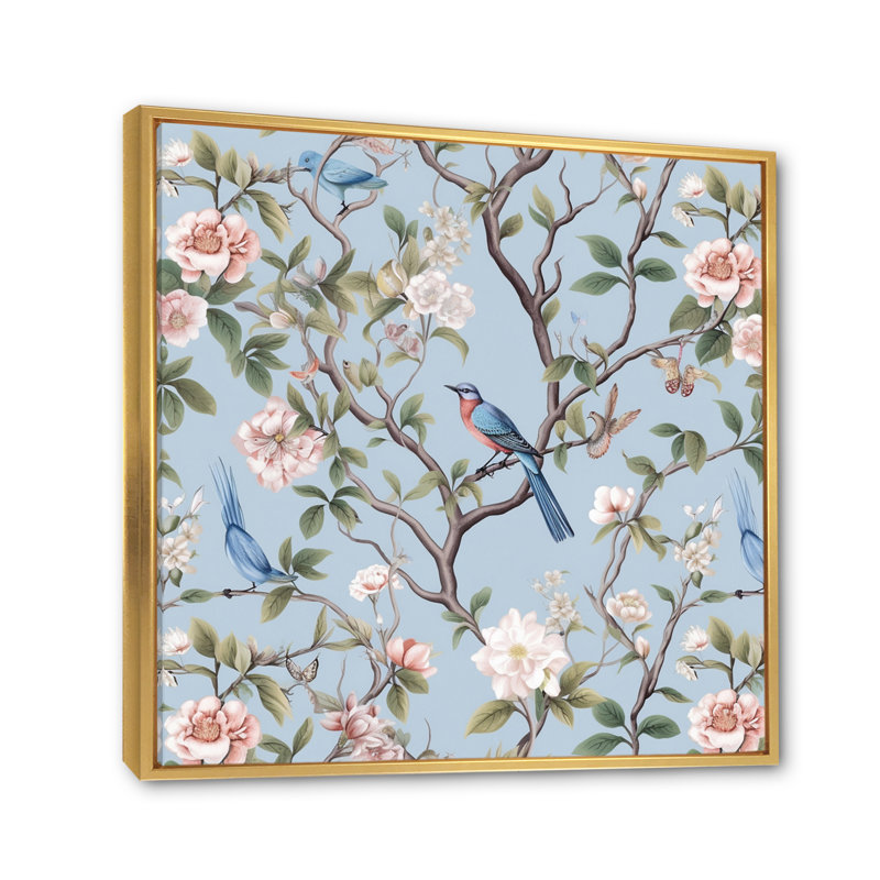 Chinoiserie avec oiseaux et pivoines - Art mural floral, H 24 po x l 24 po x P 1 po, Cadre flottant doré