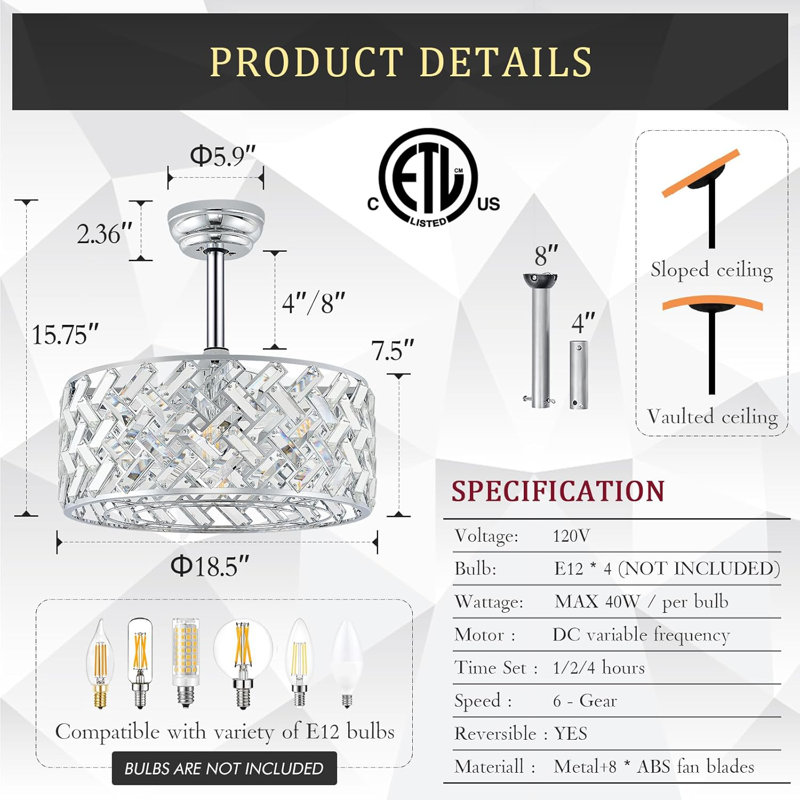 Chrome Crystal Caged Ceiling Fans With Light, 18" Bladeless Ceiling Fan With Remote Control, 6 Speed Enclosed Ceiling Fan With Reversible Motor For Bedroom Kitchen Living Room