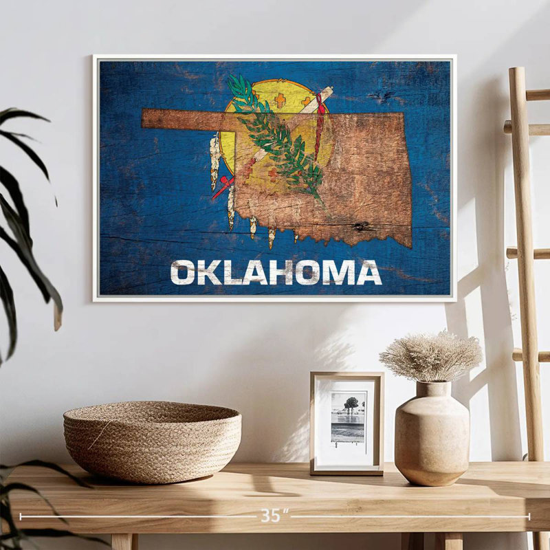 Carte de l'État sur le drapeau de l'Oklahoma, Cadre flottant blanc, 25 po x 17 po