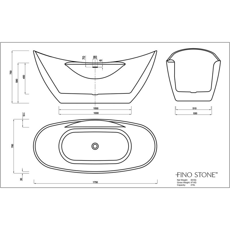 1750mm x 780mm Freestanding Acrylic Bathtub