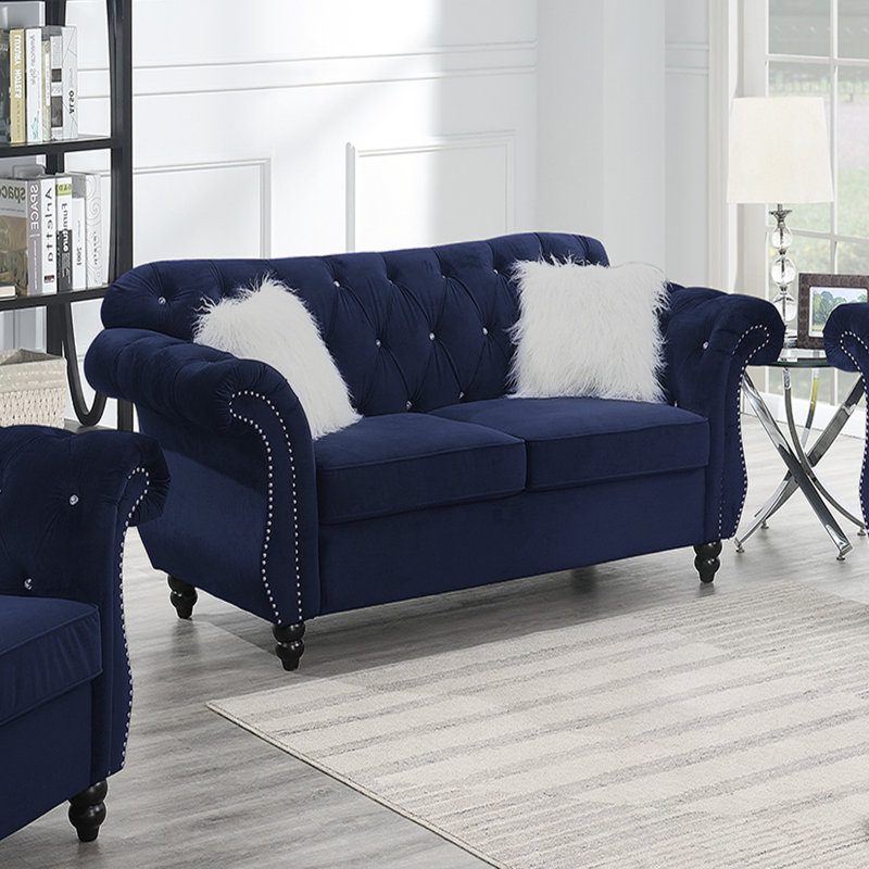 Causeuse formelle de luxe en velours indigo 1pc avec coussins de salon 2 places, Indigo