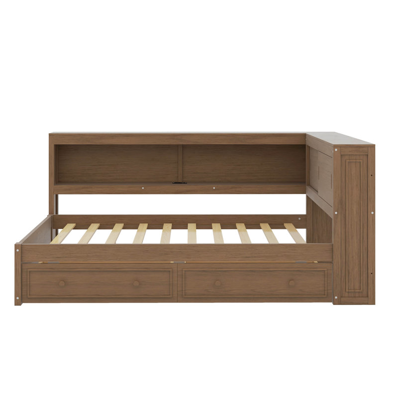 Full Corner Bed Frame With Storage Drawers And Shelves, Wood Corner Platform Bed With LED Light And Charging Station Modern Corner Daybed