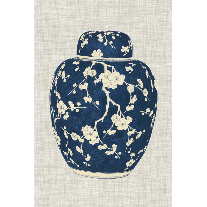 Pot à gingembre bleu et blanc sur lin II, H 18 po x l 12 po
