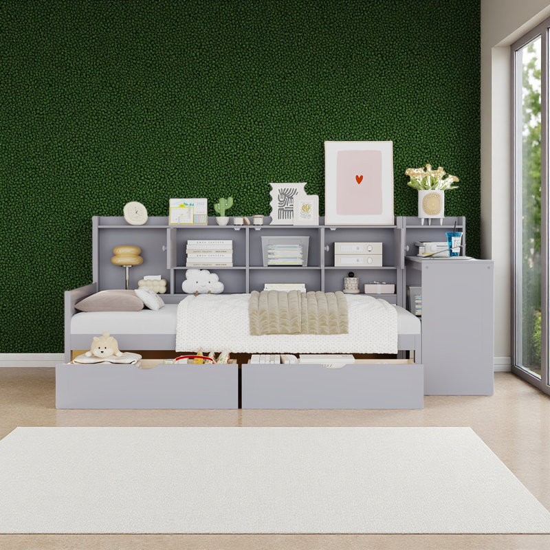 Lit de jour avec 3 armoires de rangement et 2 tiroirs, structure en L en bois avec bureau d'étude et bibliothèque intégrée, lit multifonctionnel pour chambre d'amis