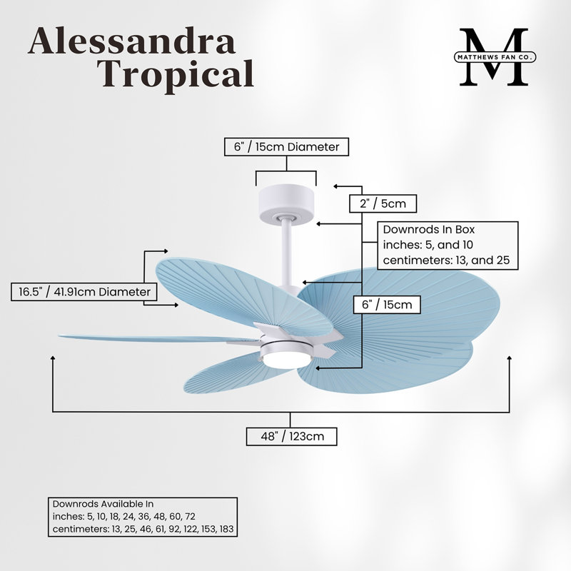 Alessandra Tropical - Five Blade Ceiling Fan - Integrated LED -Matte Black Finish -Light Blue Blades, Matte White, Light Blue