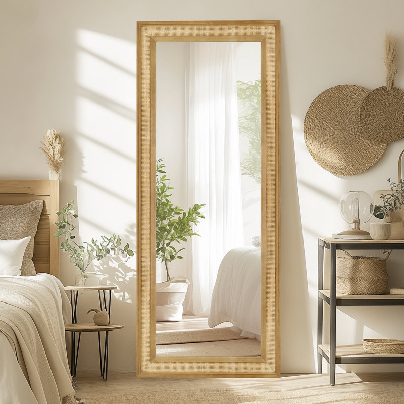 Miroir rectangulaire en bois de rotin avec verre trempé, 67 po x 27 po
