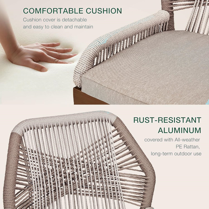 Gray and Brown Rope Woven Outdoor Bar Stools with Cushions