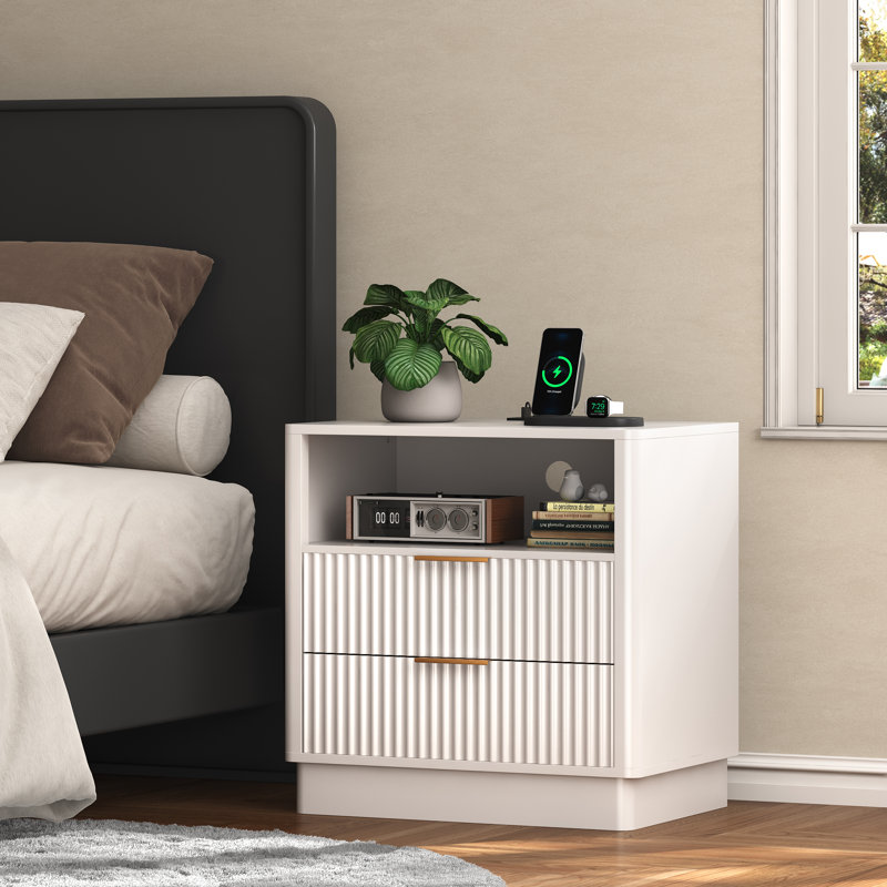 23.6" W 2 - Drawer Nightstand with Charging Station and LED Light, White