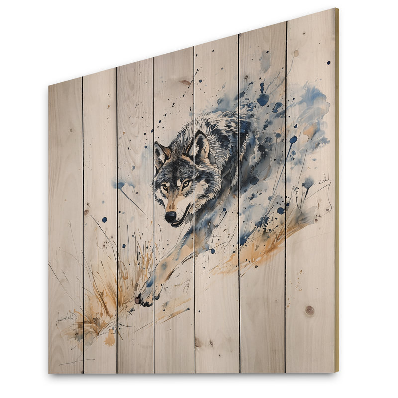 Loup qui court dans la forêt II - Impression sur bois gris moderne sur bois de pin naturel, H 36 po x l 36 po