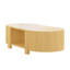 Table basse ovale cannelée avec 1 tablette et 2 portes de rangement ouvertes