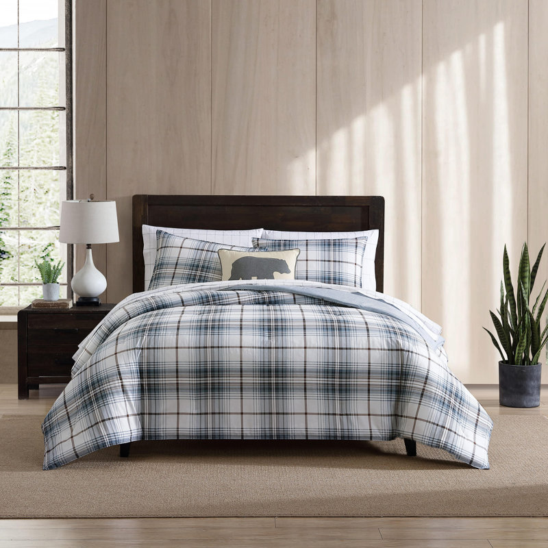 Cooper 100% Cotton Reversible Comforter Set, Queen Comforter + 2 Standard Shams, Blue Plaid