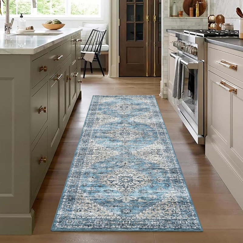 Tapis lavables pour le salon, tapis de chambre à coucher floraux bleus rétro, Tapis de couloir 2 pi x 6 pi
