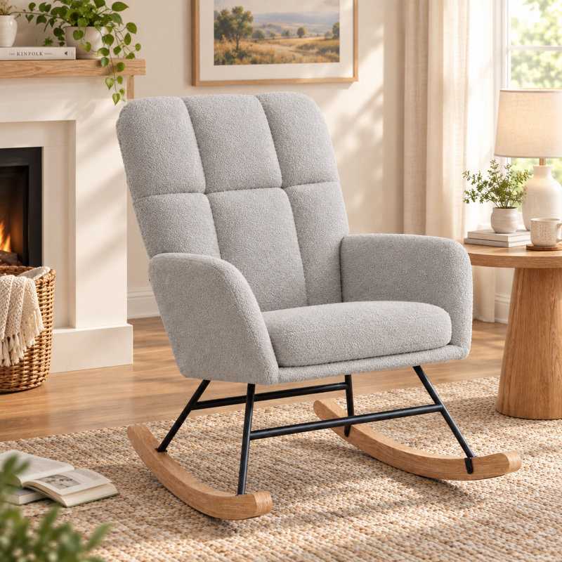 Chaise berçante de chambre de bébé, chaise berçante berçante rembourrée Teddy, Gris