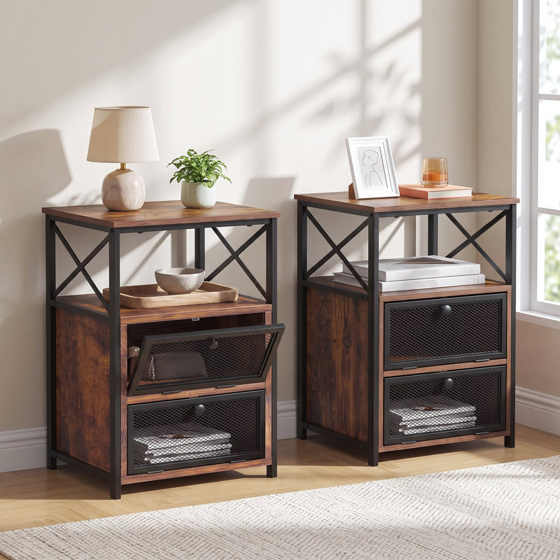 Kempst Nightstand Set 2, Small Bedside Table with Drawers, Narrow Side End Table with Open Shelf, 2 Drawer Dresser for Bedroom/Living Room/Dorms