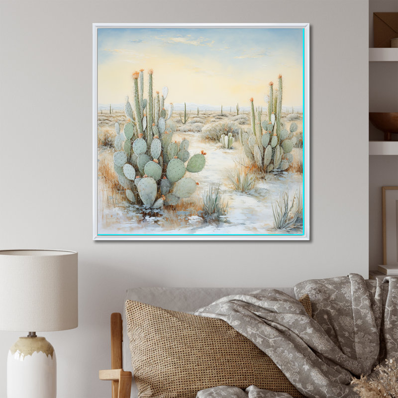 Cactus Charm In Winter I - Cactus Wall Art Living Room, H 30 po x l 30 po x P 1 po, Cadre flottant blanc