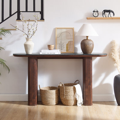 63 Inch Modern Console Table With Arc Faux Marble Texture Top, Fluted Wood Base, Contemporary Entryway Sofa Table For Living Room, Hallway, Foyer
