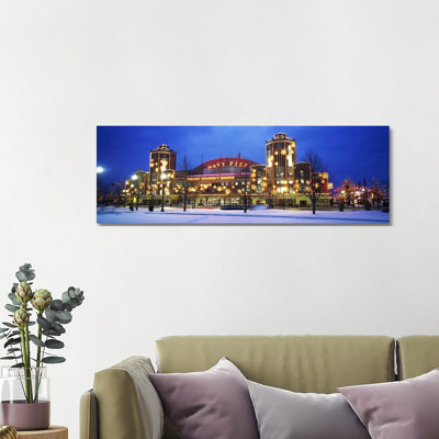 Facade Of A Building Lit Up At Dusk, Navy Pier, Chicago, Illinois, USA - Wrapped Canvas Panoramic Print