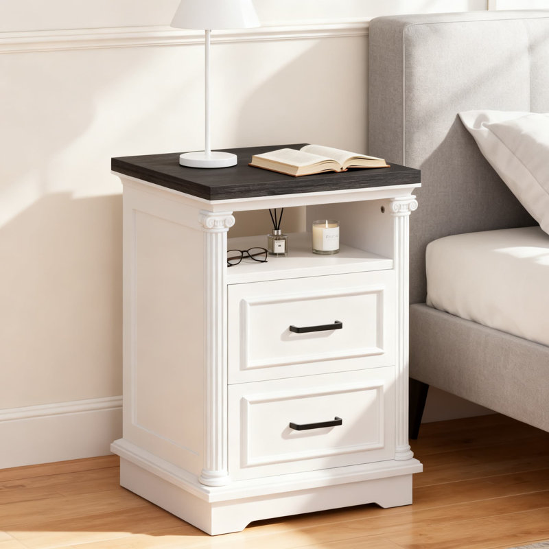 Table de chevet Farmhouse avec tiroirs, table d'appoint rustique avec colonne romaine, petite table de bout pour le salon et la chambre à coucher, fabrication en panneau de fibres à densité moyenne durable