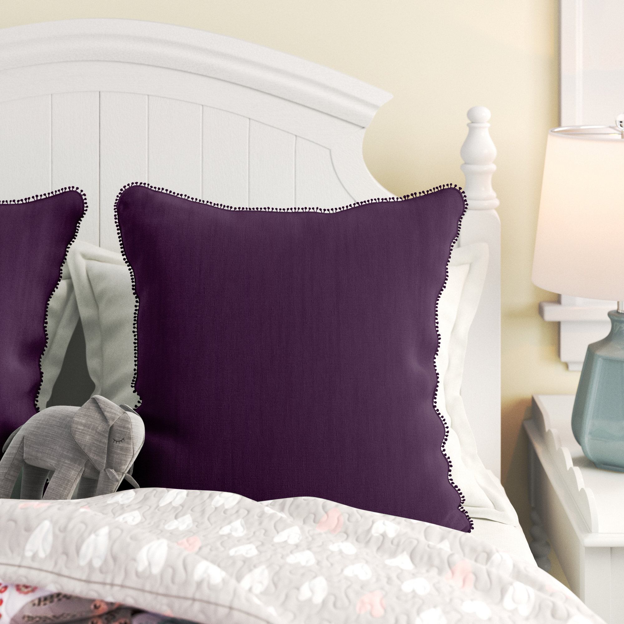 Garter Pom-poms Linen Throw Pillow, Purple