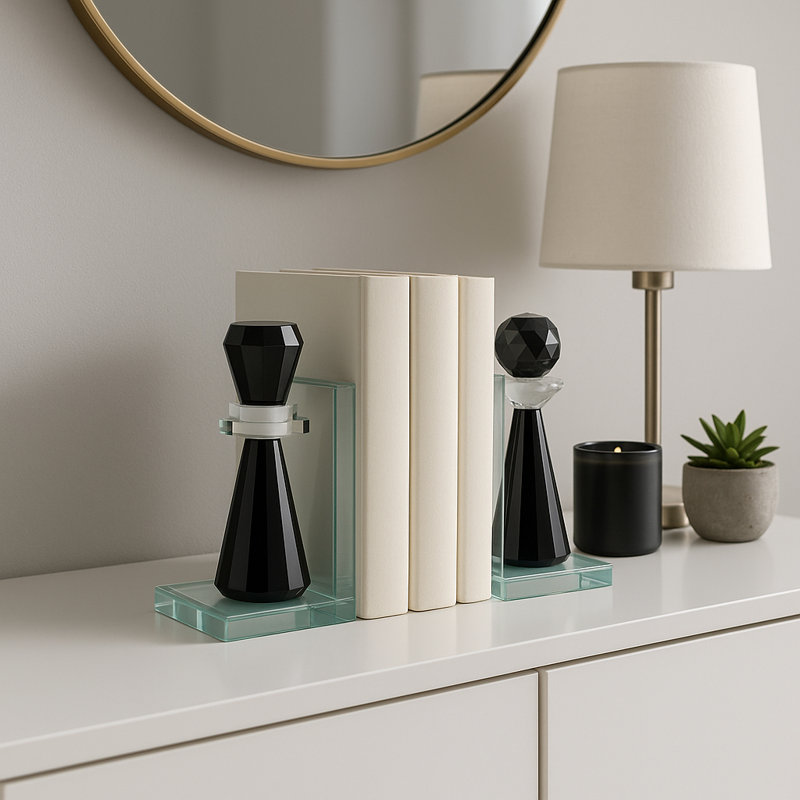 Modern Crystal Glass Bookends - Chess Piece Inspired Decorative Book Ends for Stylish Shelf and Home Decor - Set of 2, 7", Black and Clear