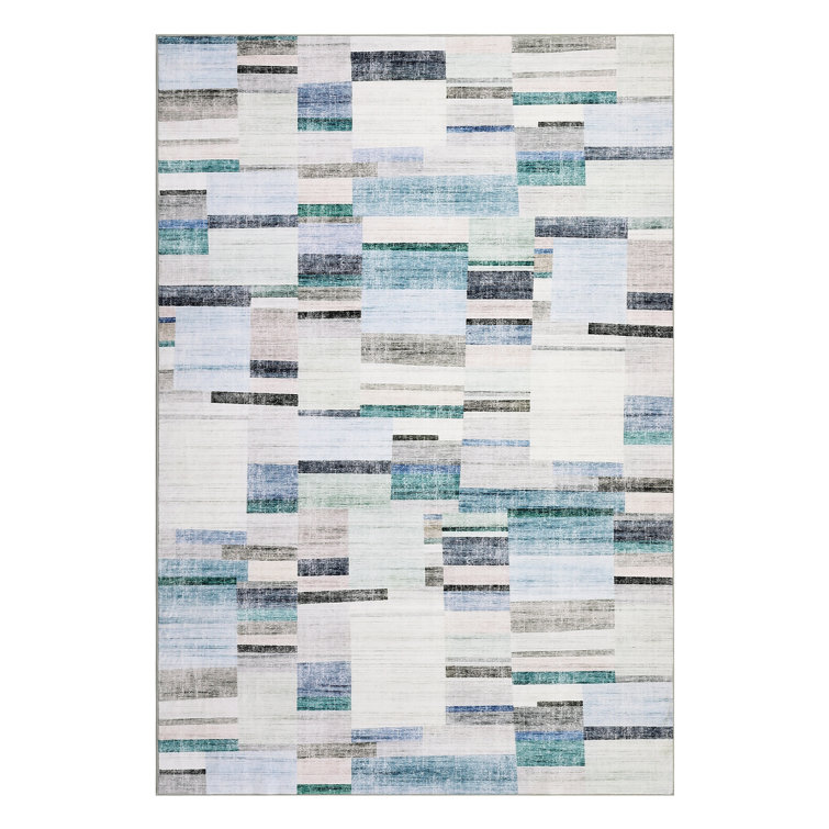 Modern Geometric Machine Washable Rug with Non-Slip Backing Non-Shedding Contemporary Accent Carpet Soft Low Pile Floor Cover for Living Room