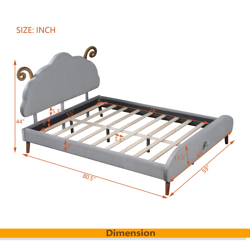 Upholstered Platform Bed With Sheep-Shaped Headboard, Grey, Full