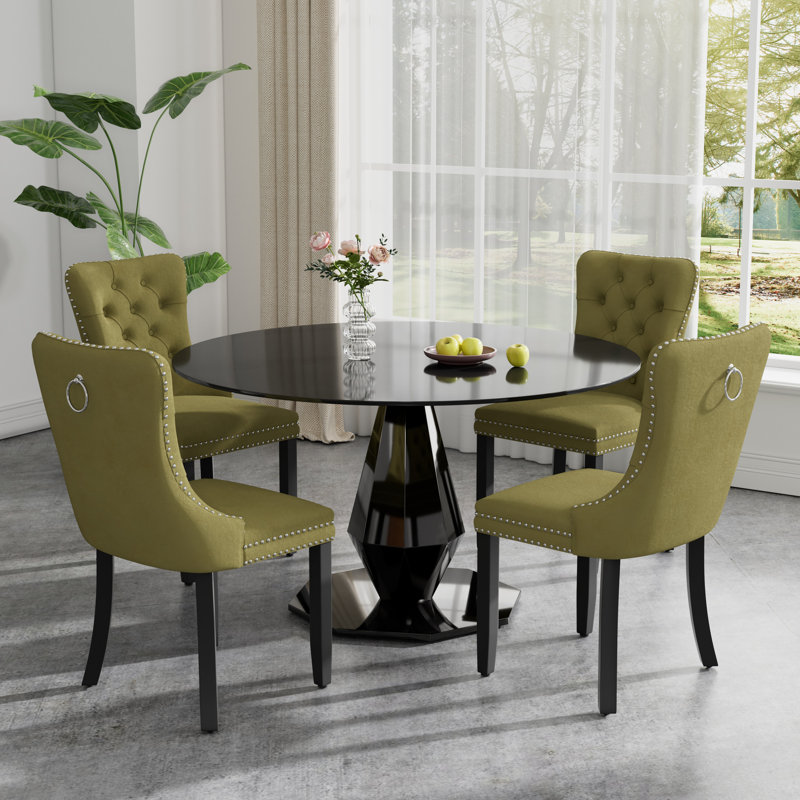 Ensemble de salle à manger rond de luxe avec chaise capitonnée, H 30 po x L 47 po x l 47 po, Vert olive