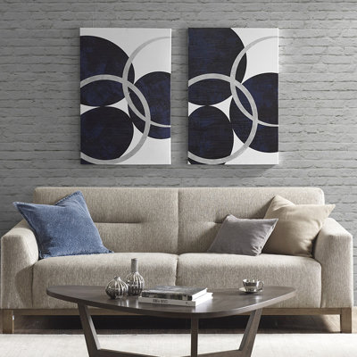 Silver Accented Wall Art - 2 Navy Circle Canvas 24"W X 36"H Indoor Design Abstract Embellishment 24"X36" Decorative