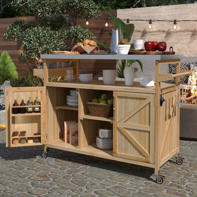 Natural Rolling Outdoor Kitchen Island, Solid Fir Wood Bar Cart with Stainless Steel Top