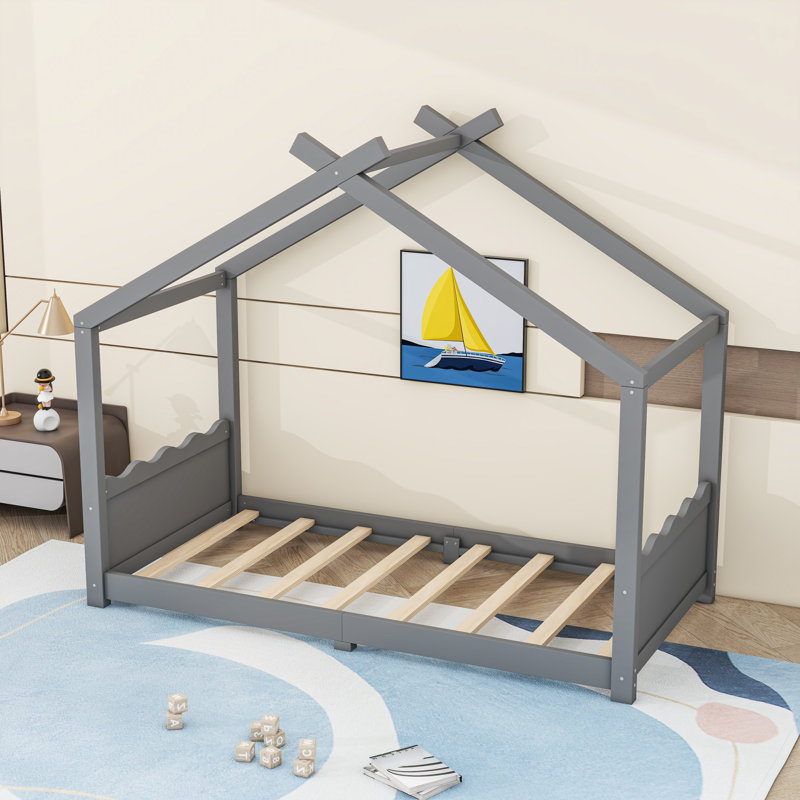 Montessori House Floor Bed with Center Support Legs, Low‑Profile Safe Design, Natural, Full