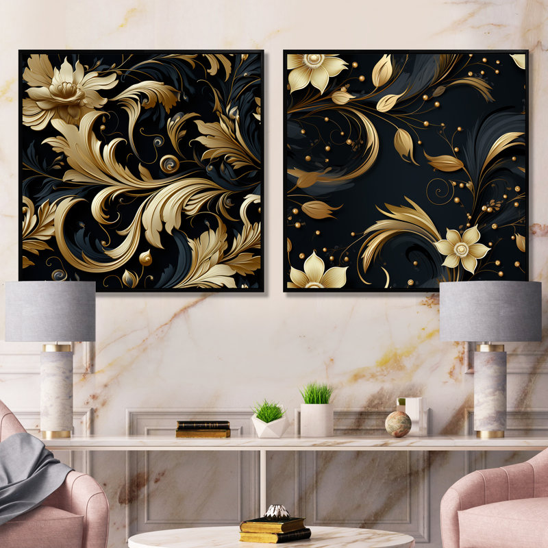 Gertrude - ensemble de 2 décorations murales florales, Cadre noir, H 16 po x l 33 po x P 1 po
