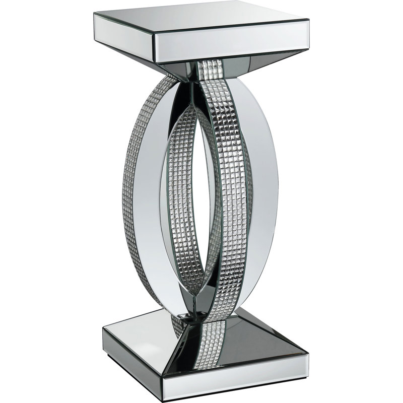 Table de bout en cristal acrylique argenté avec plateau fuselé, finition métallique élégante, surface réfléchissante, s'adapte aux styles de meubles, table rectangulaire, table principale, base à piédestal, hauteur de 26,89 pouces