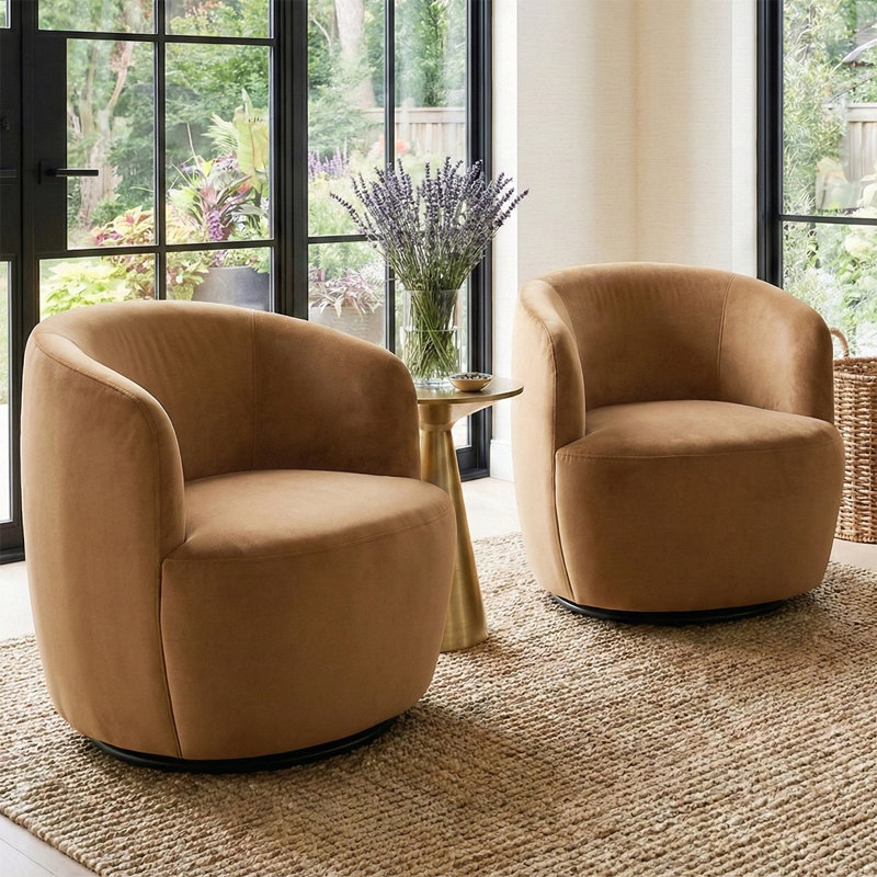 27" Wide Upholstered Velvet Small Swivel Accent Chair (Set of 2), Camel Velvet