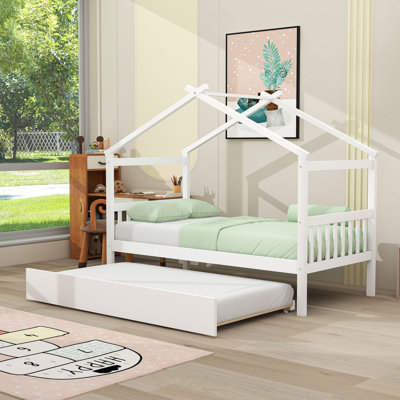 Wooden House-Shaped Bed With Sky Roof And Twin Pull-Out Trundle